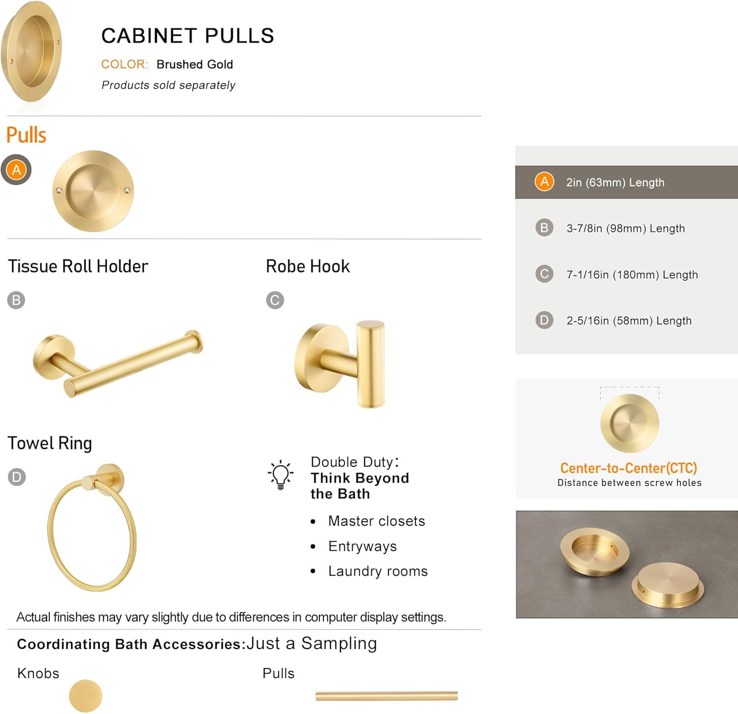 QOGRISUN 4-Pack Solid Brass Finger Pulls for Sliding Doors, 2-1/8 Inch Flush Recessed Handle, Brushed Gold Closet Door Hardware, Round Cup Pull for Cabinet, Drawer, and Pocket Doors