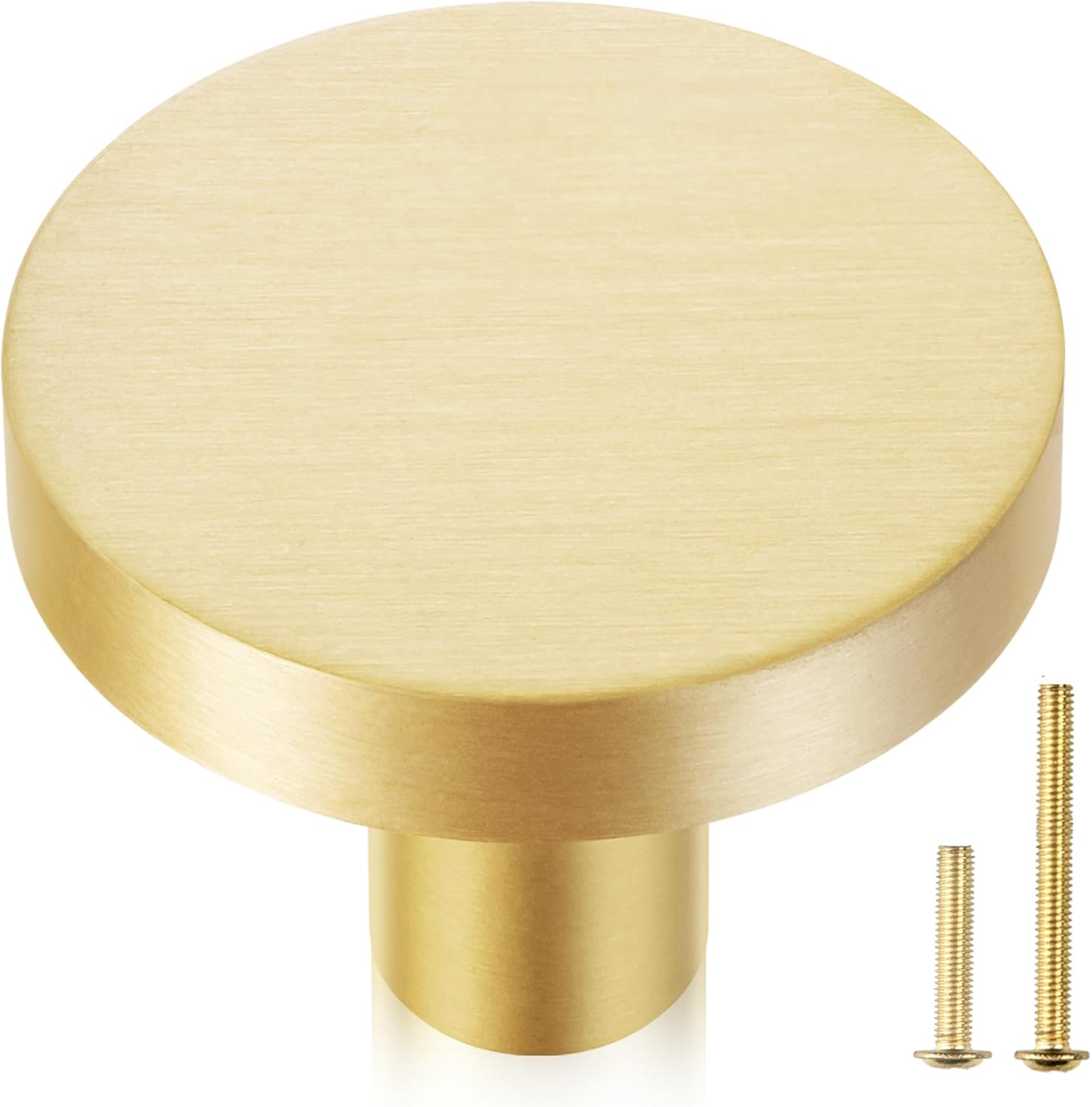 QOGRISUN 10-Pack Solid Brass Cabinet Knobs, 1-Inch Diameter, Round Gold Dresser Drawer Pulls Handles, Modern Kitchen Hardware, Brushed Brass Finish