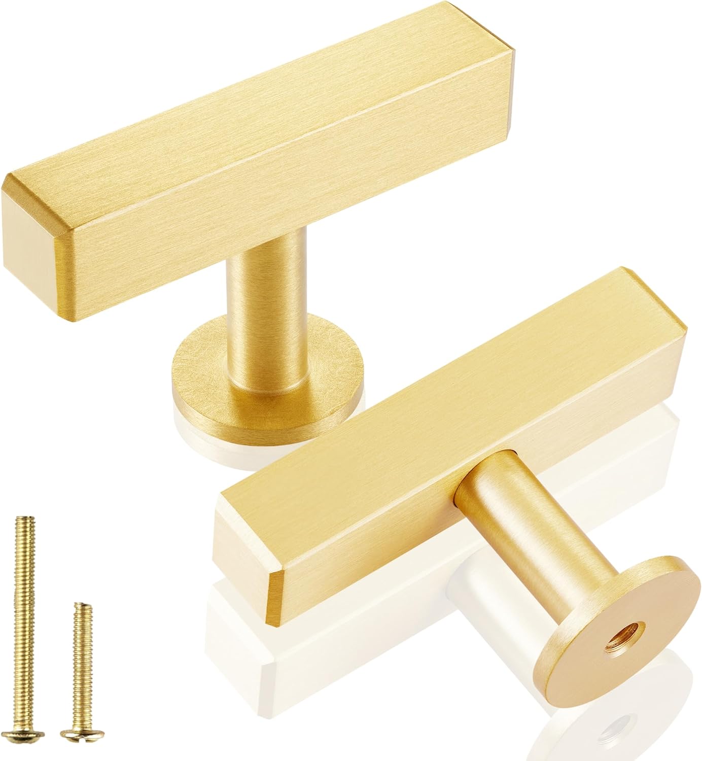 QOGRISUN 5-Pack Solid Brass Cabinet Knobs, Gold Square T Bar Cabinet Pulls, 2 Inch Hole Center for Kitchen Dresser Drawer Cupboard, Brushed Brass Finish