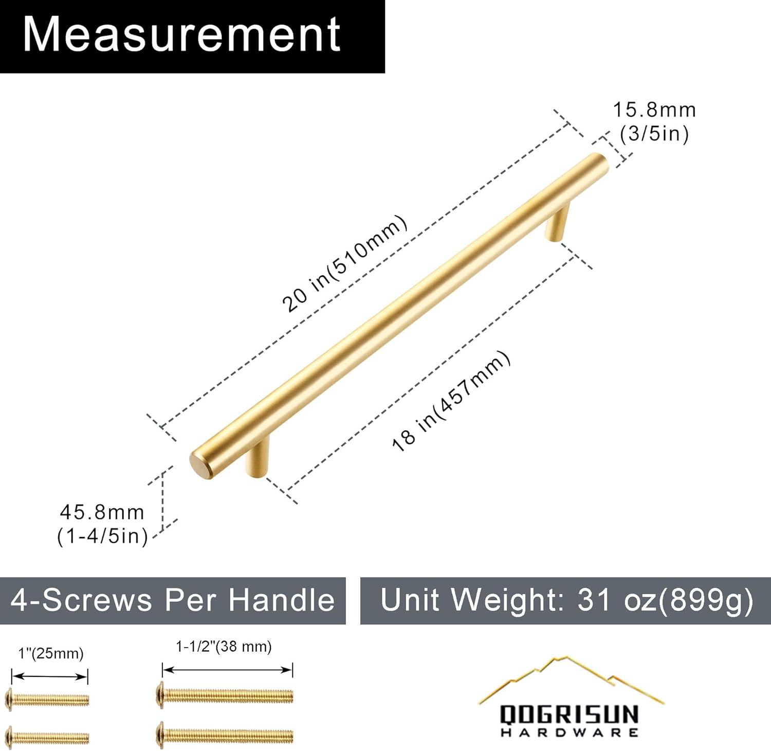QOGRISUN 1-Pack Solid Brass Cabinet Pulls, Gold Long Drawer Handles, 18 Inch Hole Center for Large Kitchen Cabinets, Cupboard, Dresser, Wardrobe Closet Door, BrushecBrass Finish