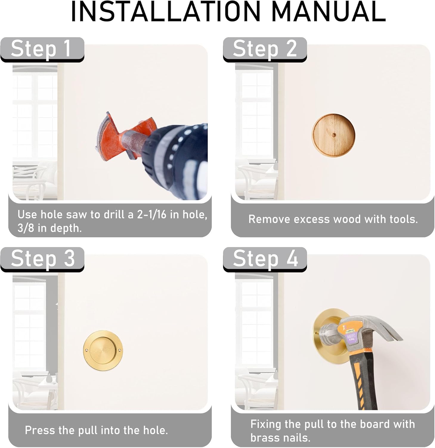 QOGRISUN 4-Pack Solid Brass Finger Pulls for Sliding Doors, 2-1/8 Inch Flush Recessed Handle, Brushed Gold Closet Door Hardware, Round Cup Pull for Cabinet, Drawer, and Pocket Doors