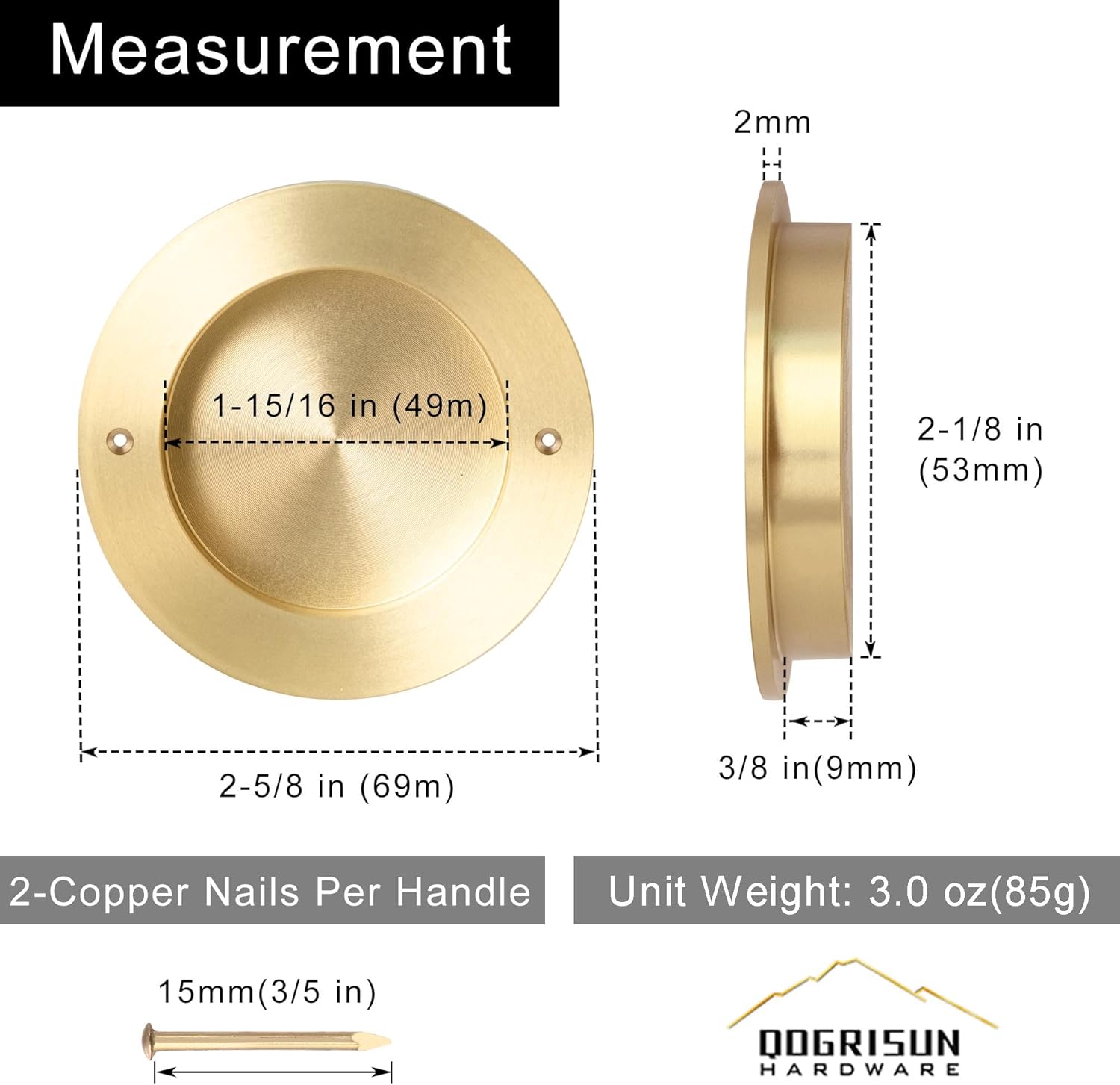 QOGRISUN 4-Pack Solid Brass Finger Pulls for Sliding Doors, 2-1/8 Inch Flush Recessed Handle, Brushed Gold Closet Door Hardware, Round Cup Pull for Cabinet, Drawer, and Pocket Doors