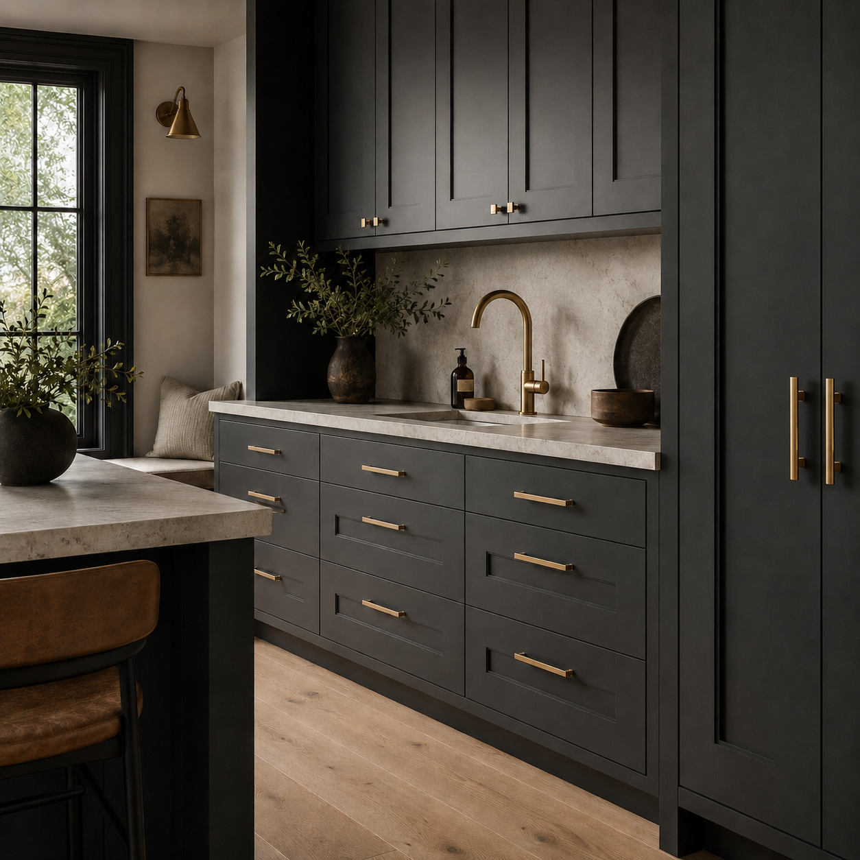 QOGRISUN brass cabinet hardware on grey kitchen cabinets