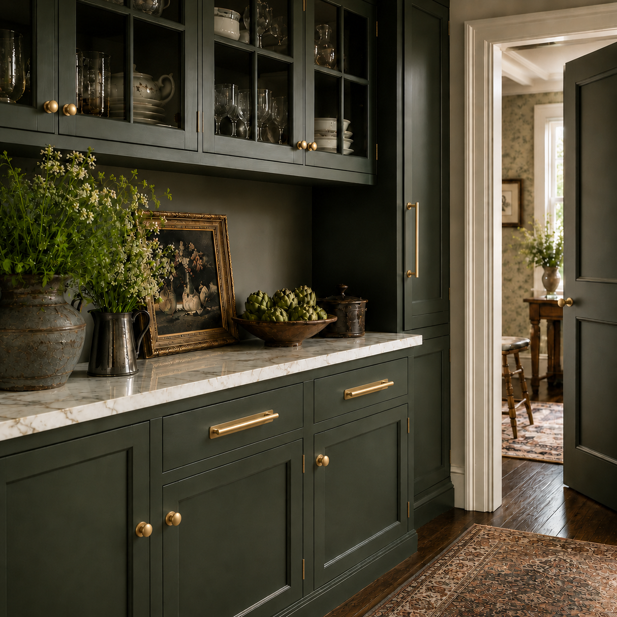 QOGRISUN brass cabinet knobs and pulls on deep green cabinets