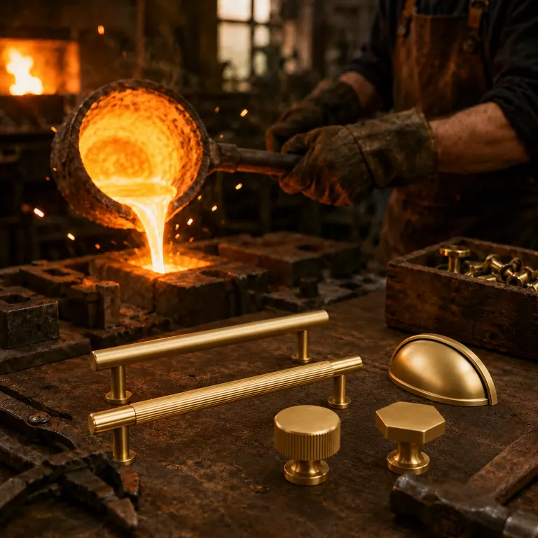 Solid brass cabinet hardware being forged in the QOGRISUN workshop