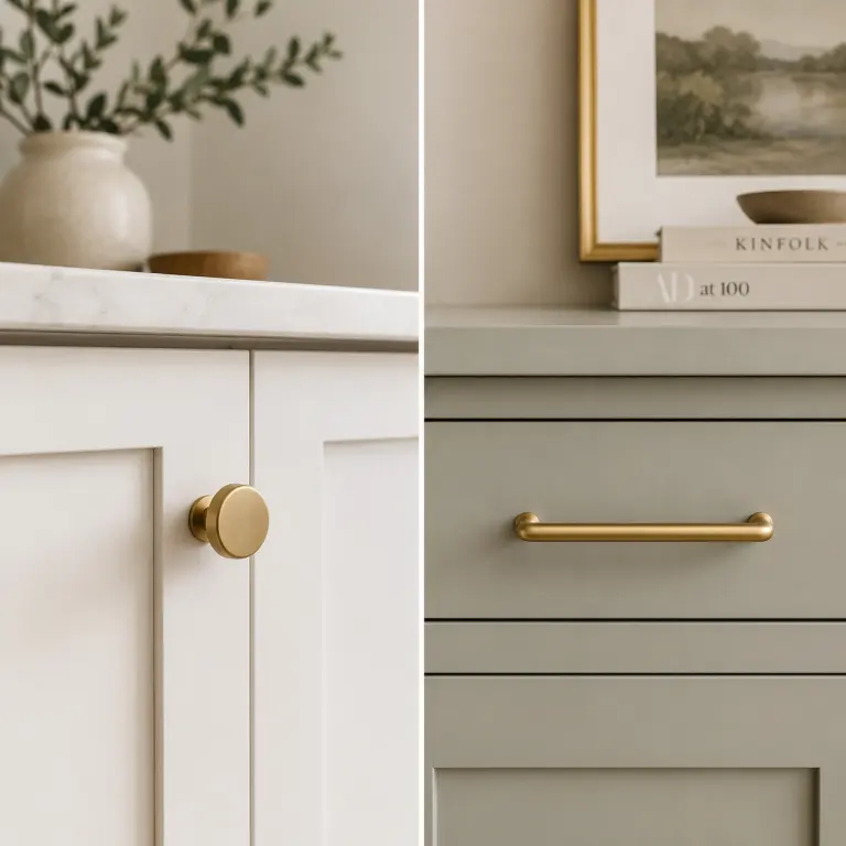 Brass cabinet knobs and pulls shown side by side on kitchen cabinetry
