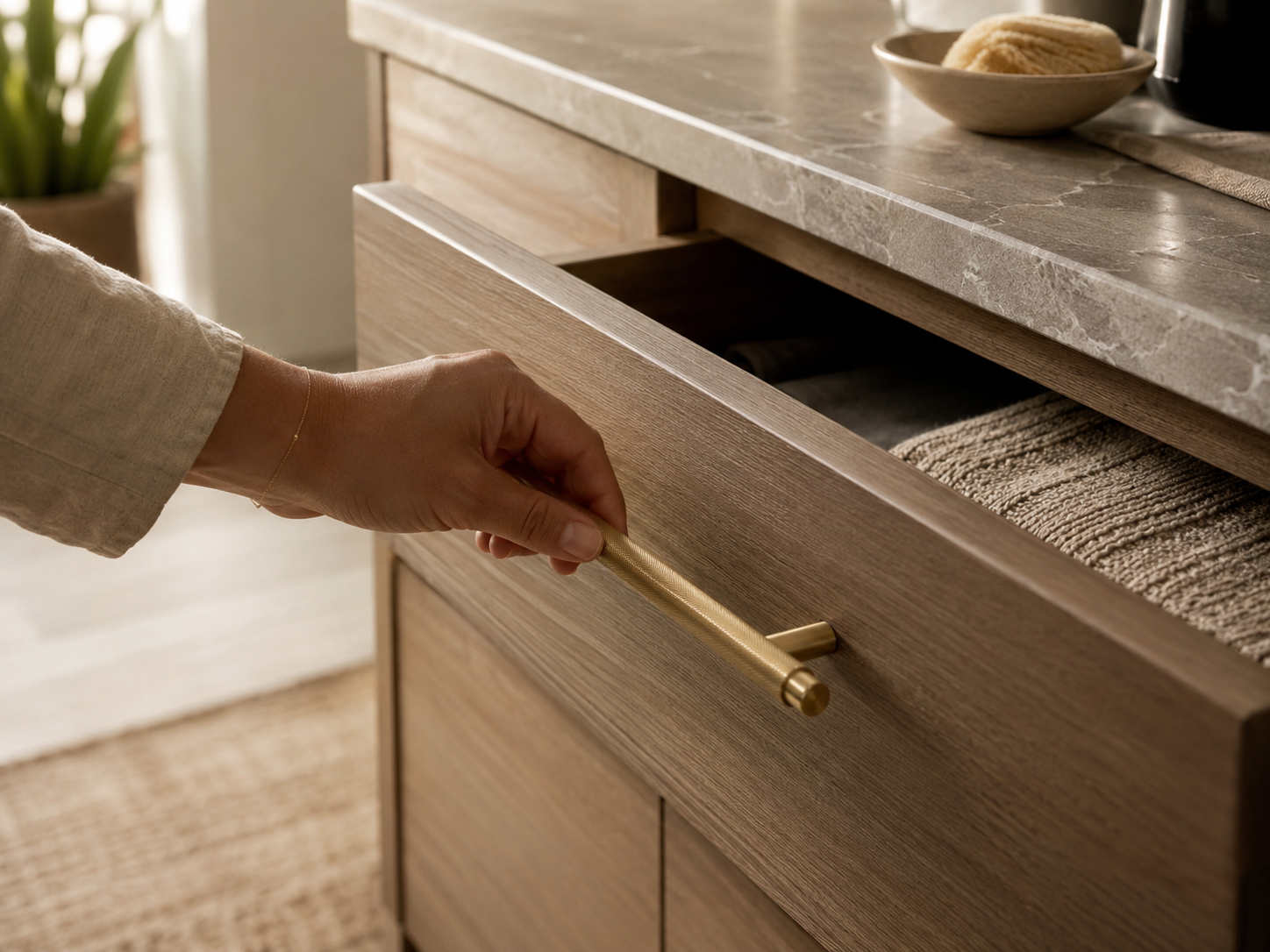Hand interacting with Qogrisun brass cabinet pull