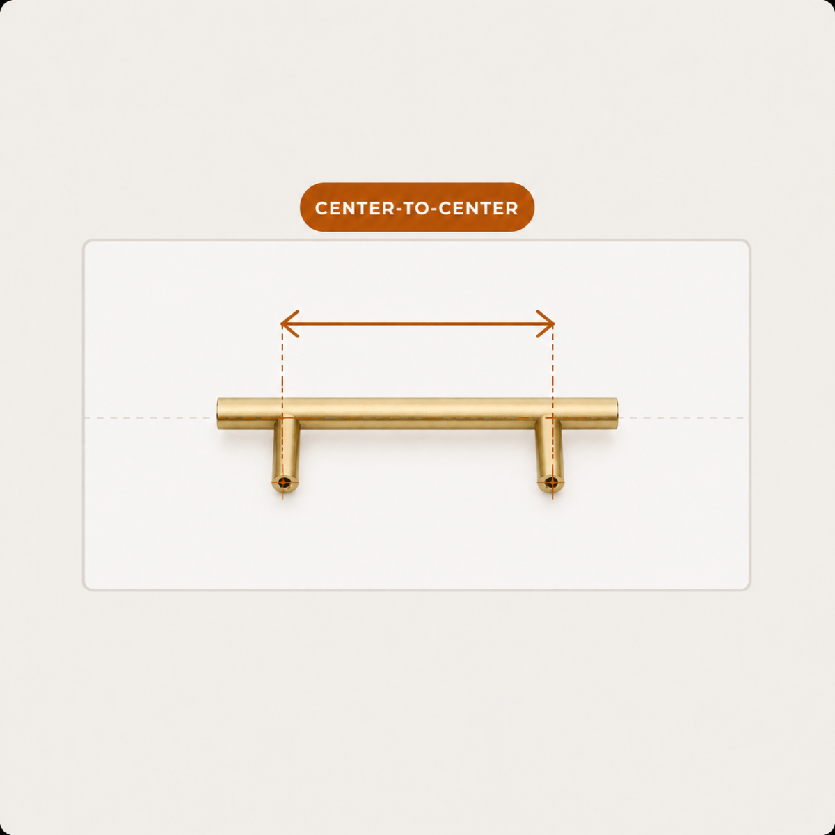 Diagram showing how to measure center to center hole spacing on a two hole brass cabinet pull