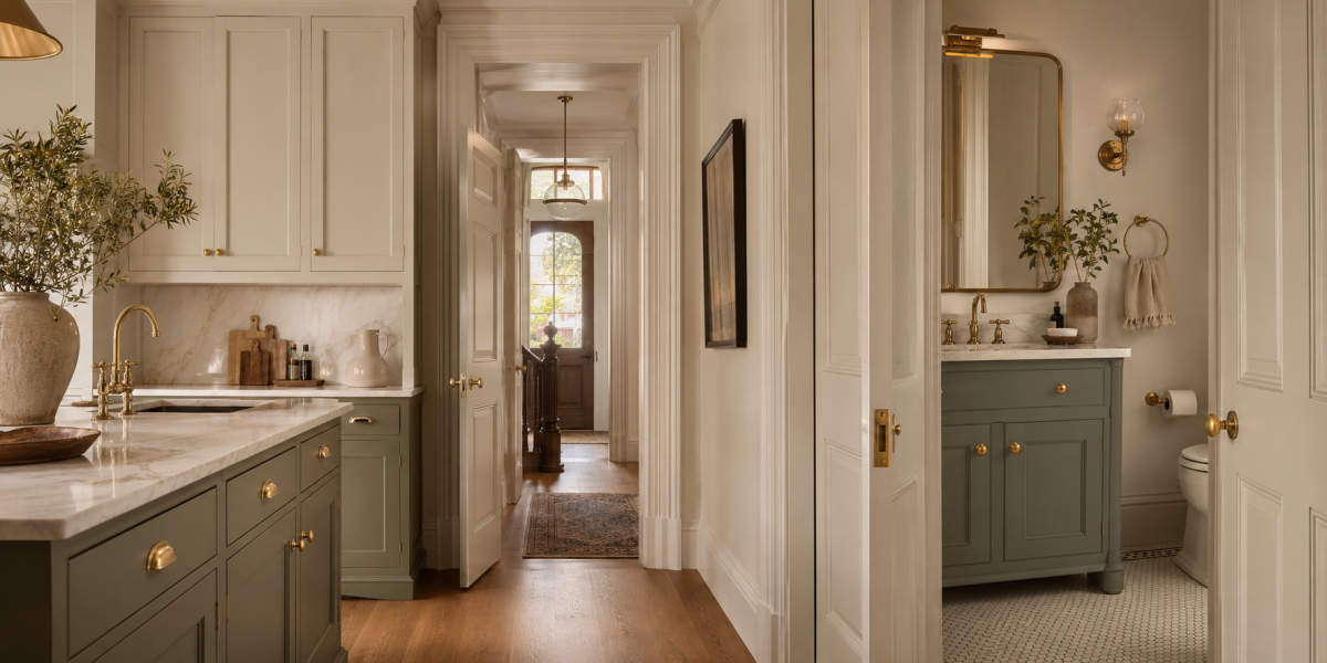 QOGRISUN brass hardware across kitchen, bathroom and doors in one restoration project