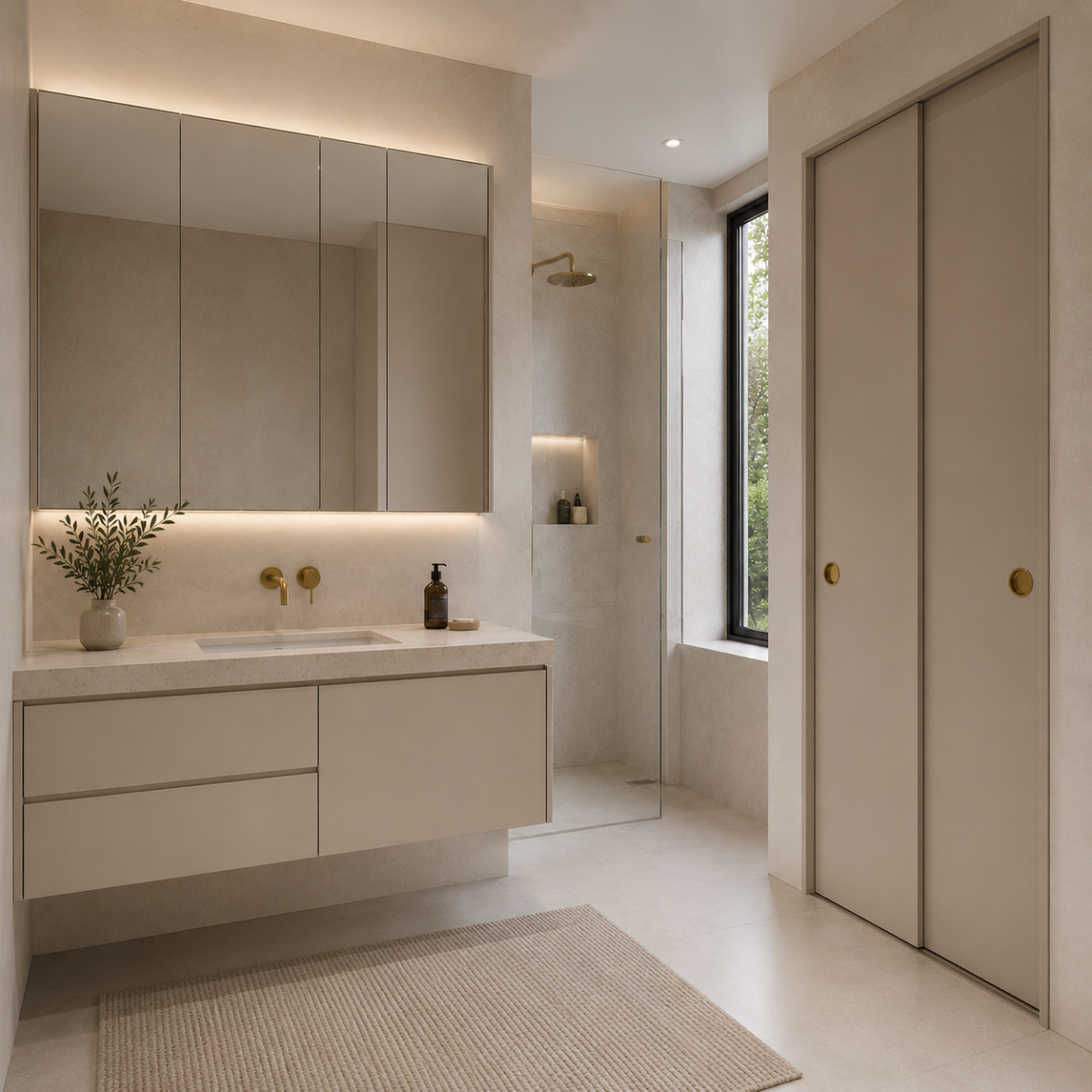 Recessed brass finger pull on a flush bathroom cabinet drawer