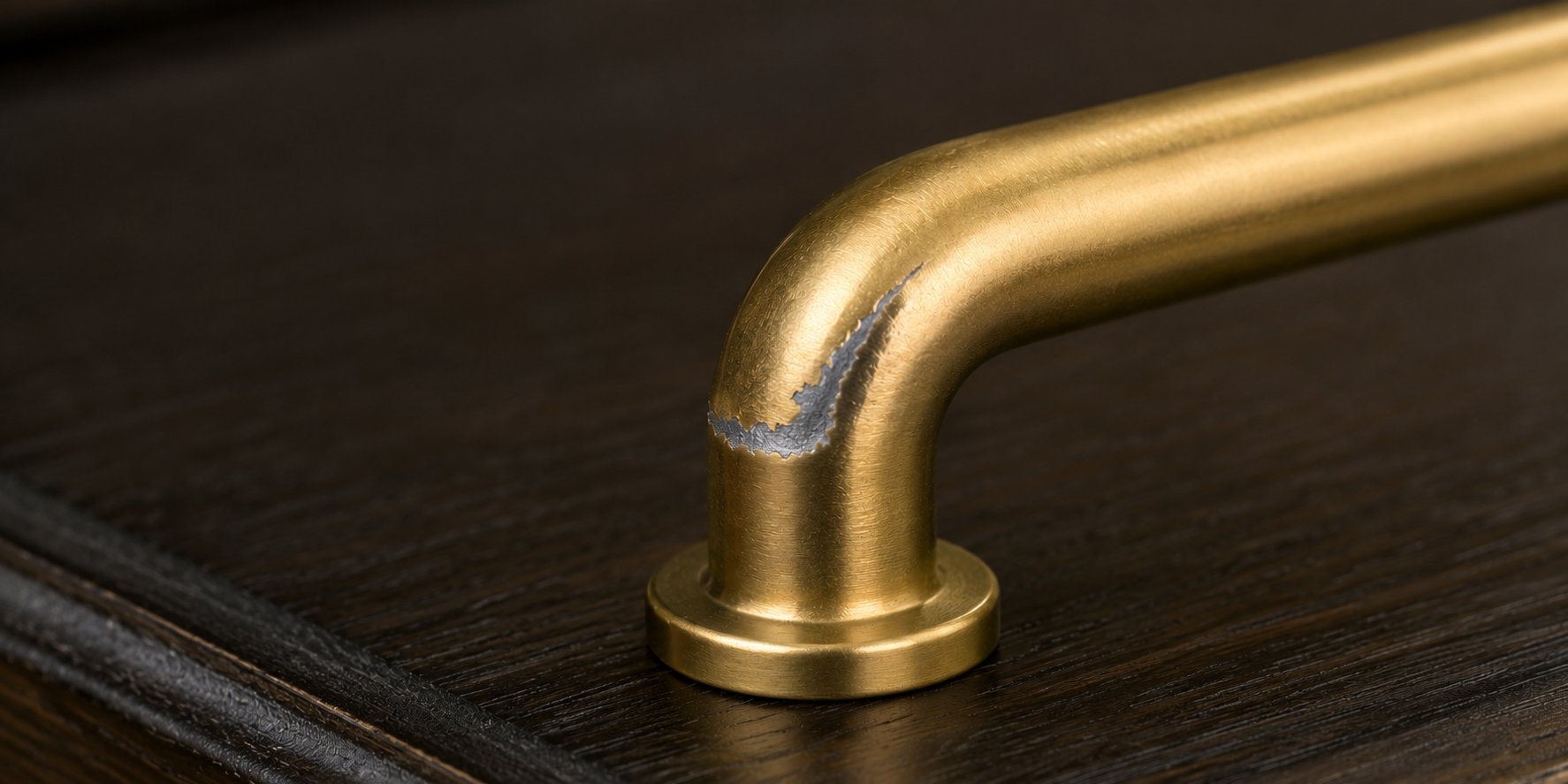 worn plated cabinet pull showing grey base metal edge