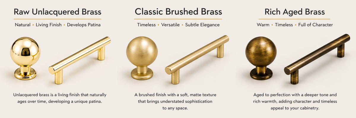 solid brass finishes showing unlacquered brushed and aged brass cabinet hardware