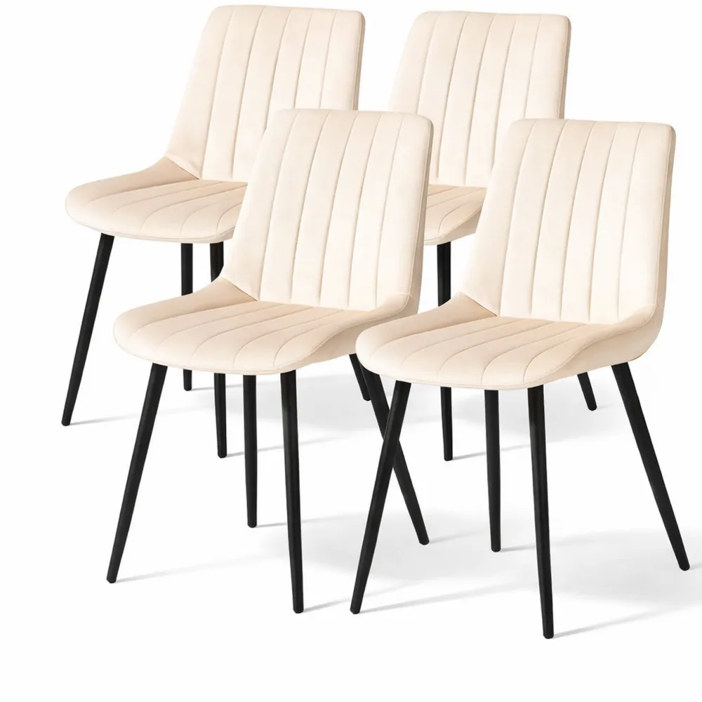 Gepolsterte Esszimmerstühle aus Samt mit Rückenlehne und Metallbeinen, 4er Set, Beige