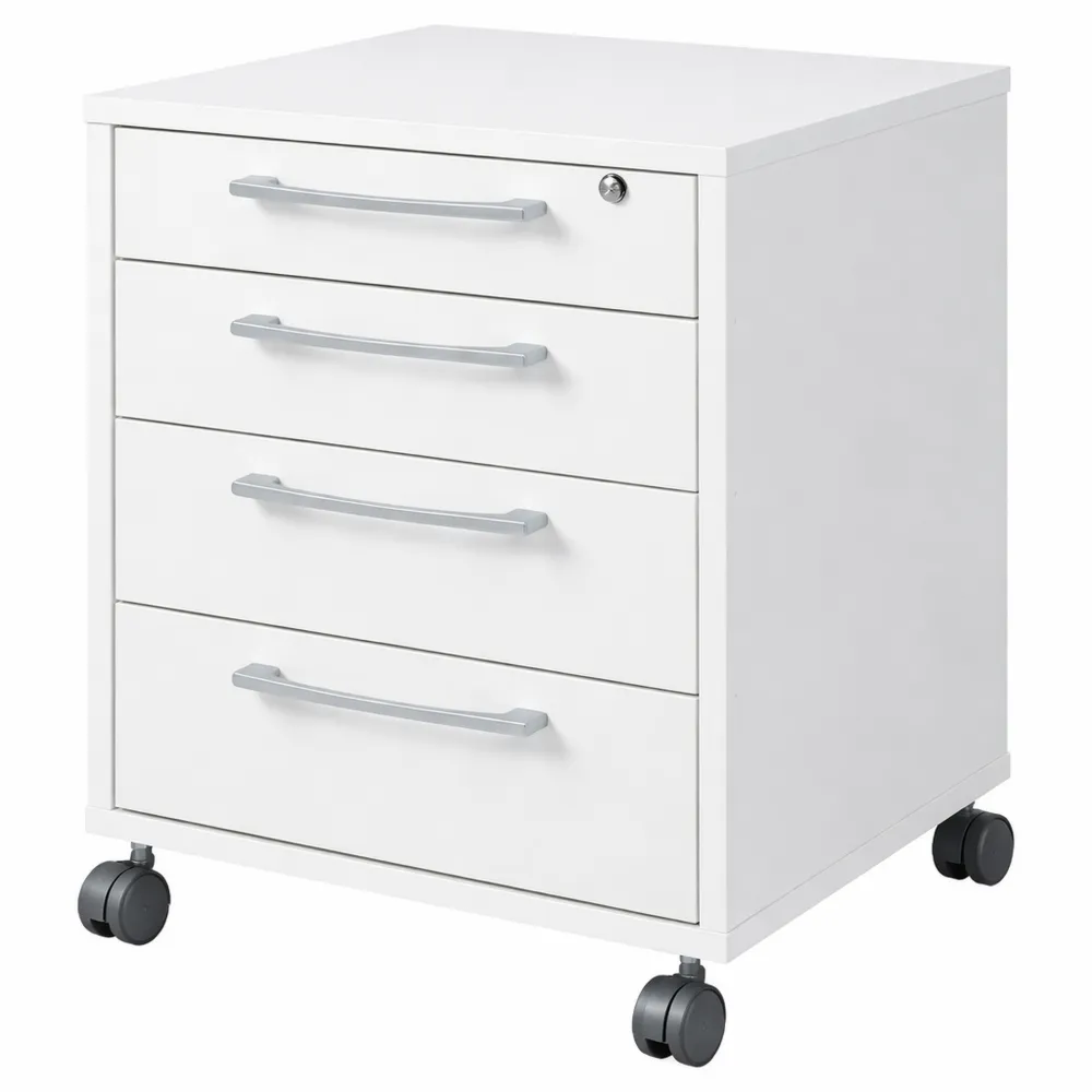 Vielseitiger Rollcontainer mit 4 abschließbaren Schubladen in Weiß