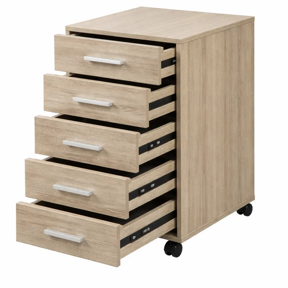 Mobiler Schubladenschrank mit 5 Fächern für Büro, Eiche
