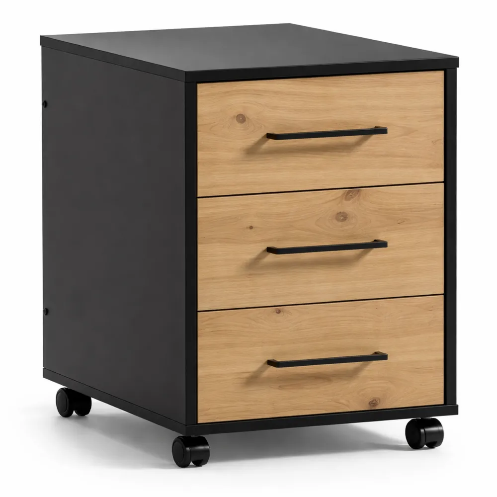 Rollcontainer mit Eichedekor und schwarzer Oberfläche, 40x50x57 cm