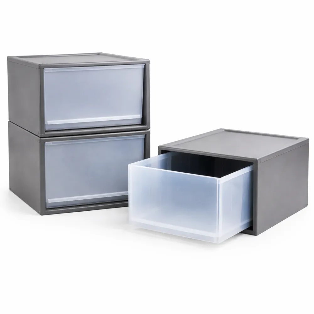 Stapelbare Kunststoff-Schubladen für Kleidung, 3er-Set, Dunkelgrau, Leicht Gleitend, BPA-frei