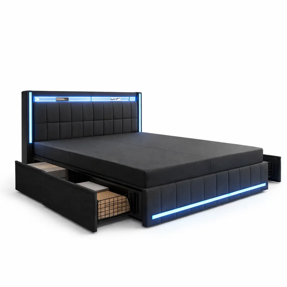 Komfortables Polsterbett mit Stauraum und LED
