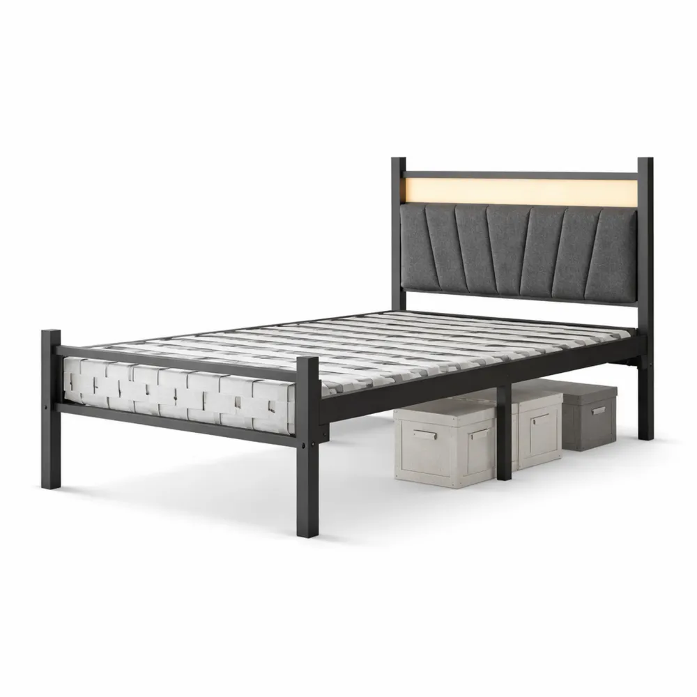 Polsterbett 90x200 cm mit LED-Beleuchtung und integriertem Lattenrost, Modernes Metallbett in Schwarz
