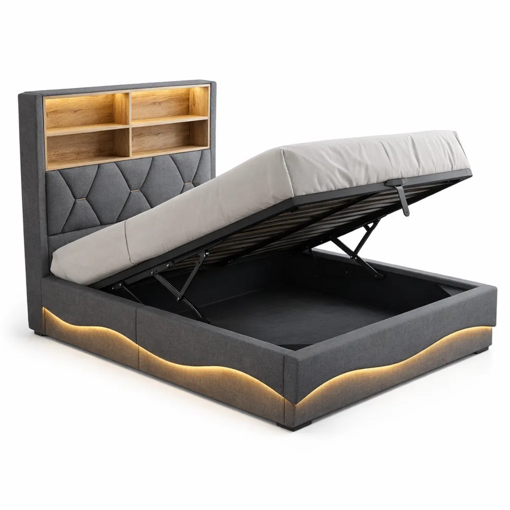 Modernes Polsterbett 90x200 cm mit LED und Stauraum