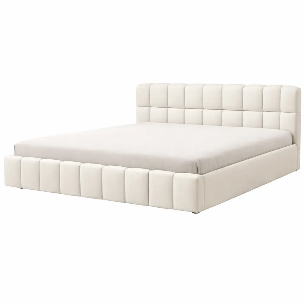 Gepolstertes Doppelbett 140x200 cm mit Lattenrost und Kopfteil, Leinen, Beige