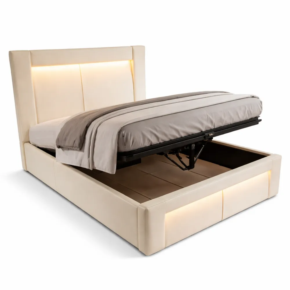 Einzelbett mit Stauraum und gebogenem Kopfteil, Lattenrost inklusive, Samt Beige, ideal für Jugend- oder Gästezimmer