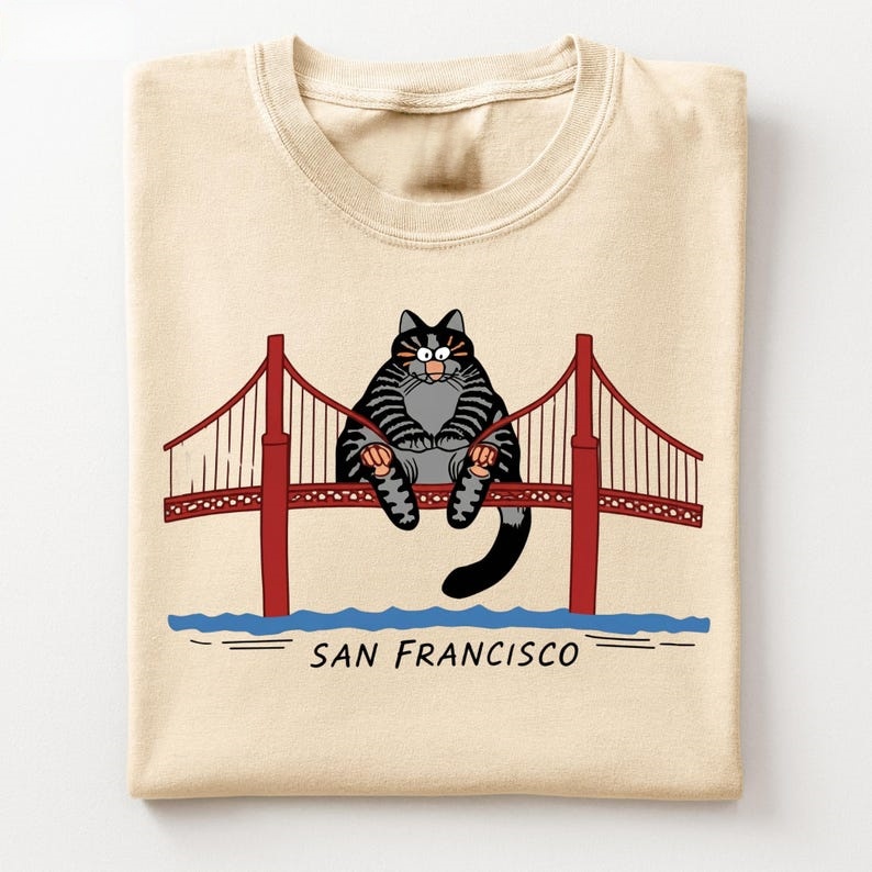 SF Golden Gate Bridge Cat T-Shirt - Vintage Washed Apparel by VanceMade