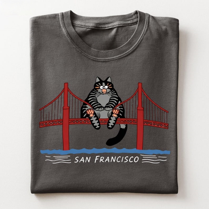 SF Golden Gate Bridge Cat T-Shirt - Vintage Washed Apparel by VanceMade