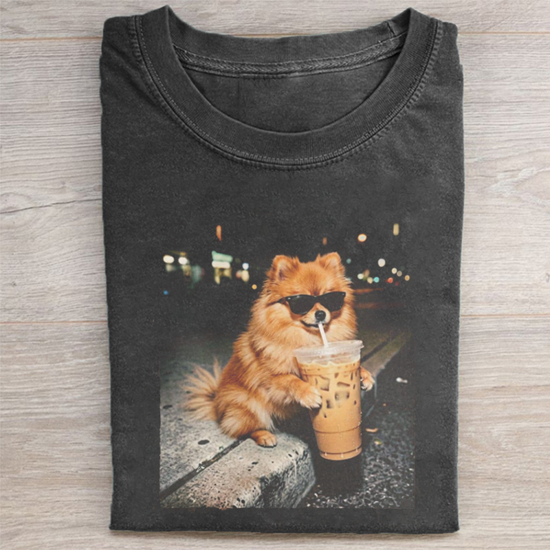 Funny Pomeranian Drinking Iced Coffee T-shirt - Vintage Washed Apparel by VanceMade