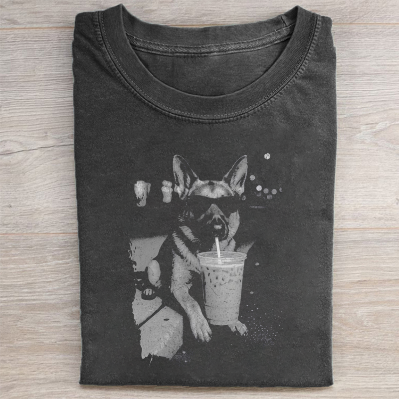 German Shepherd Drinking Iced Coffee T-shirt - Vintage Washed Apparel by VanceMade