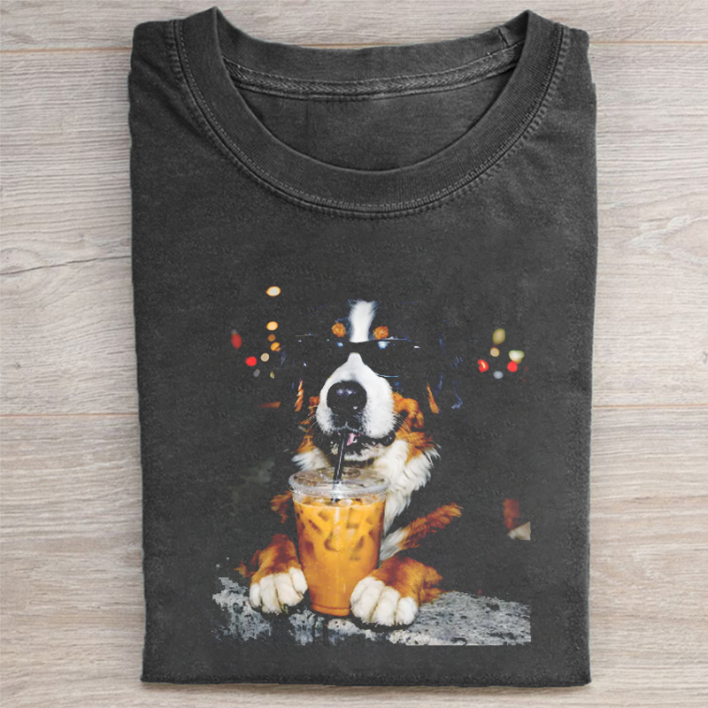 Bernese Mountain Drinking Iced Coffee T-shirt - Vintage Washed Apparel by VanceMade