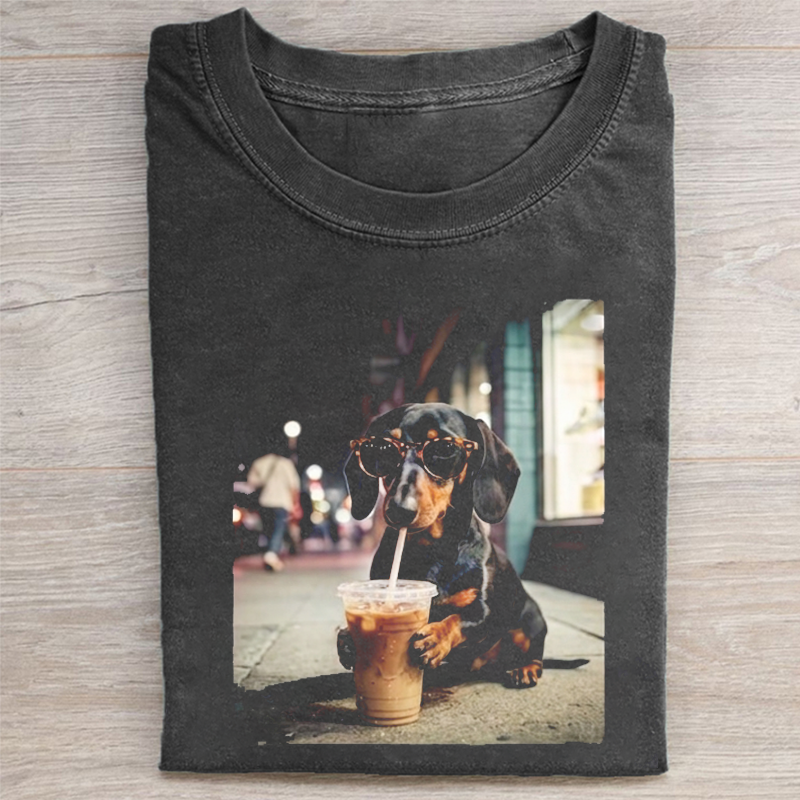 Dachshund Drinking Iced Coffee T-shirt - Vintage Washed Apparel by VanceMade