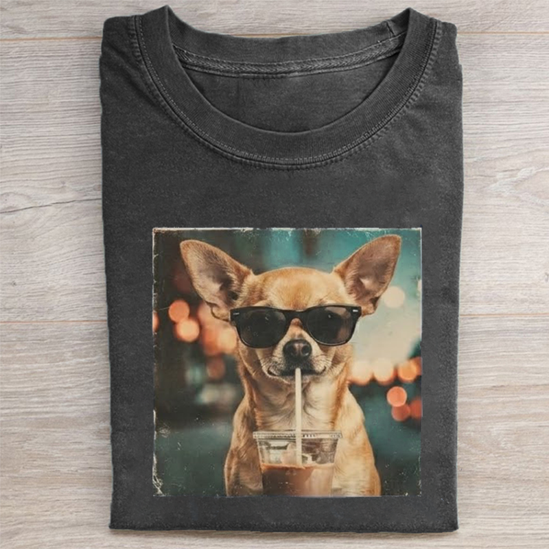 Funny Chihuahua Drinking Iced Coffee T-shirt - Vintage Washed Apparel by VanceMade