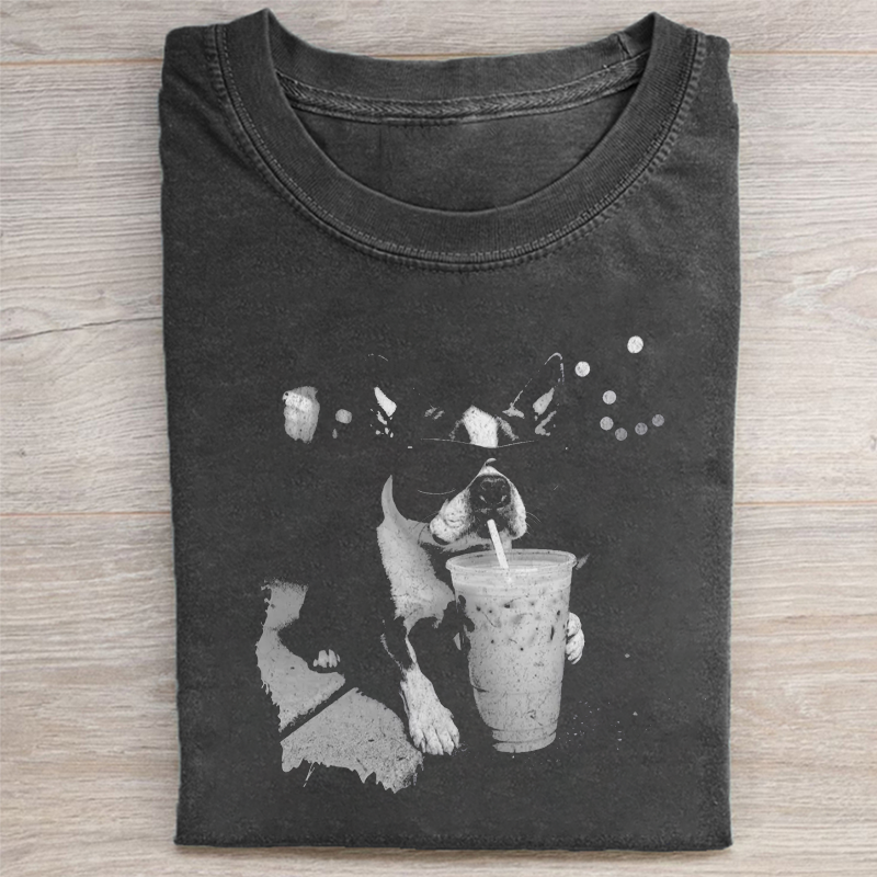 Funny Boston Terrier Drinking Iced Coffee T-shirt - Vintage Washed Apparel by VanceMade