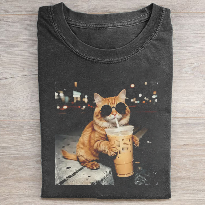 Cool Cat Drinking Iced Coffee T-shirt - Vintage Washed Apparel by VanceMade