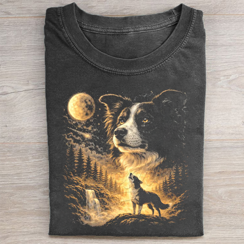 Border Collie Howling to The Moon Vintage T-shirt - Vintage Washed Apparel by VanceMade