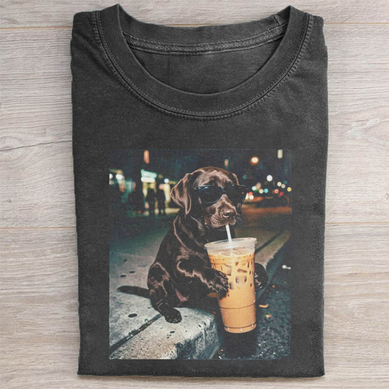 Funny Chocolate Lab Drinking Iced Coffee T-shirt - Vintage Washed Apparel by VanceMade