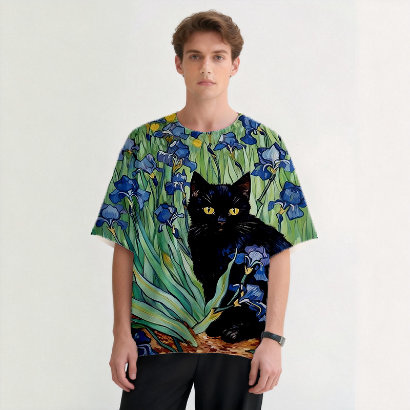 Irises Black Cat Graphic Print T-Shirt-ShawnCraft
