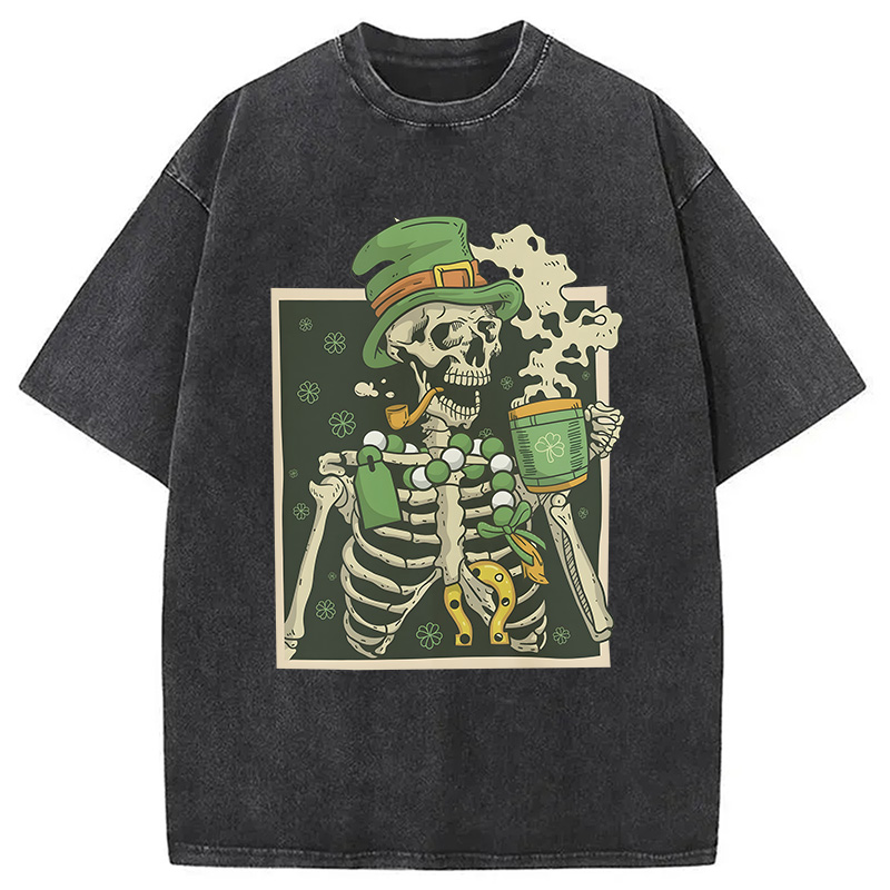 St. Patrick's Skeleton Drinking Coffee Washed T-Shirt-ShawnCraft