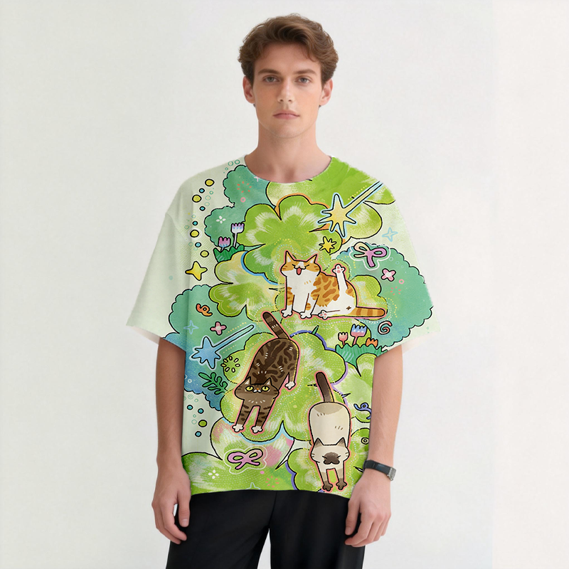Cats Stretching Graphic Print T-Shirt-ShawnCraft