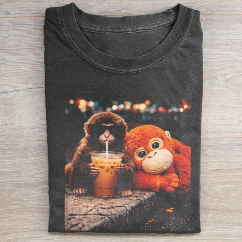 Baby Monkey Punch Drinking Iced Coffee T-shirt-ShawnCraft