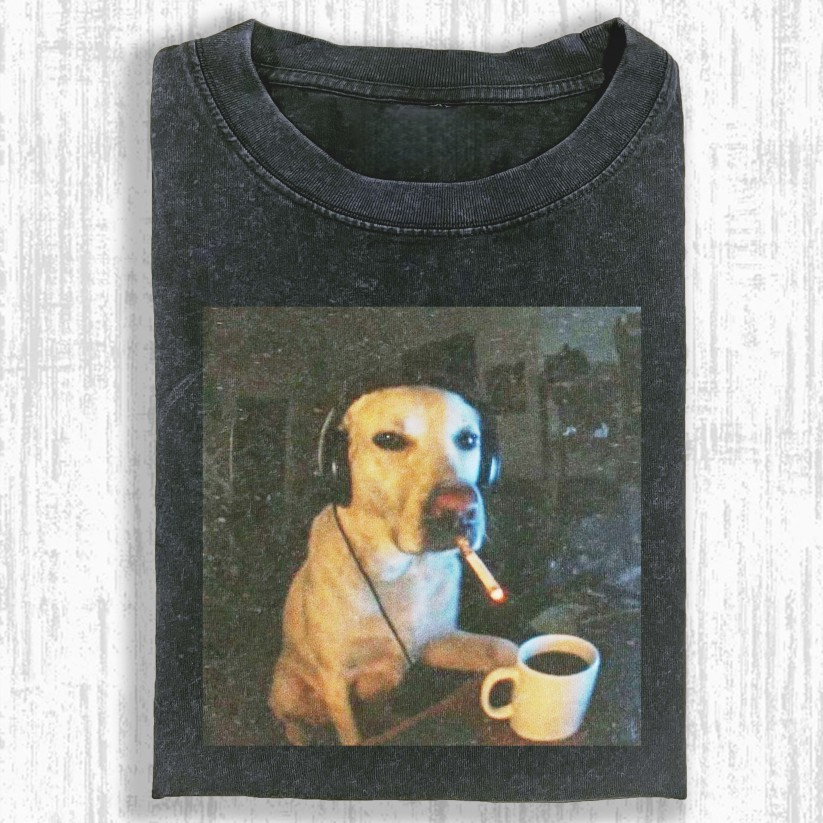 Cool Dog with Cigarette & Coffee T-shirt - Vintage Washed Apparel by VanceMade