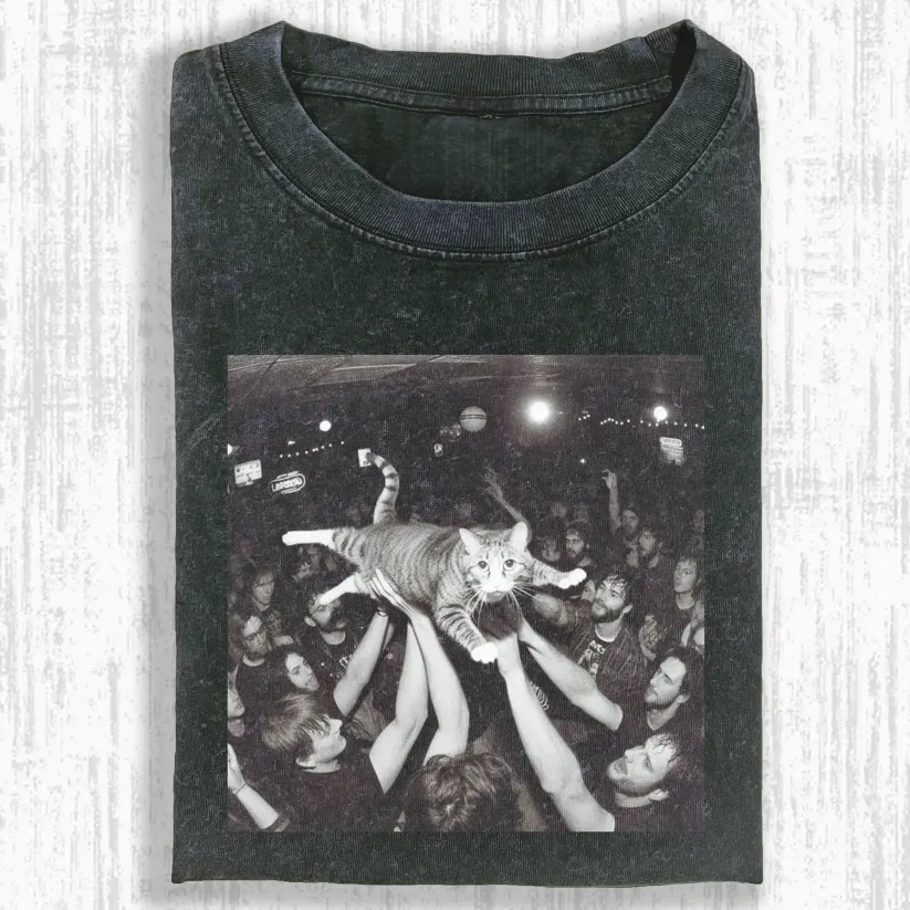 Cat Crowd Surfing Concert T-shirt - Vintage Washed Apparel by VanceMade