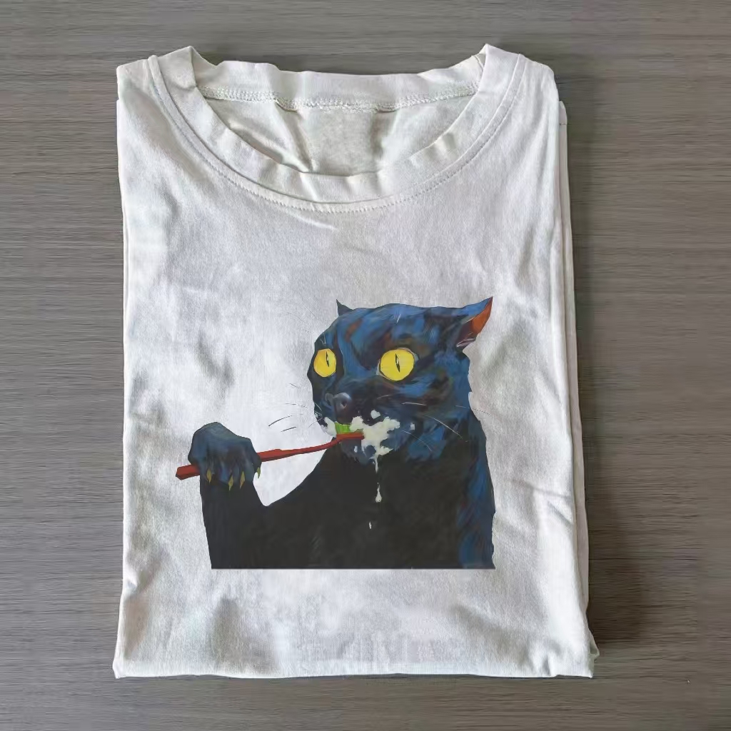 Black Cat Brushing Teeth Surreal Art T-shirt