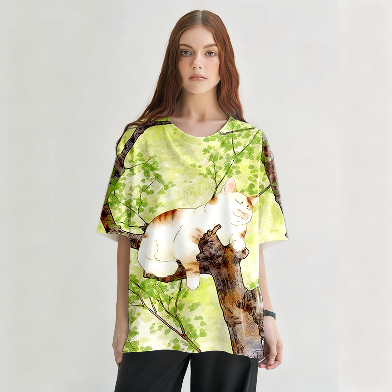 Cat On The Tree Graphic Print T-Shirt-ShawnCraft