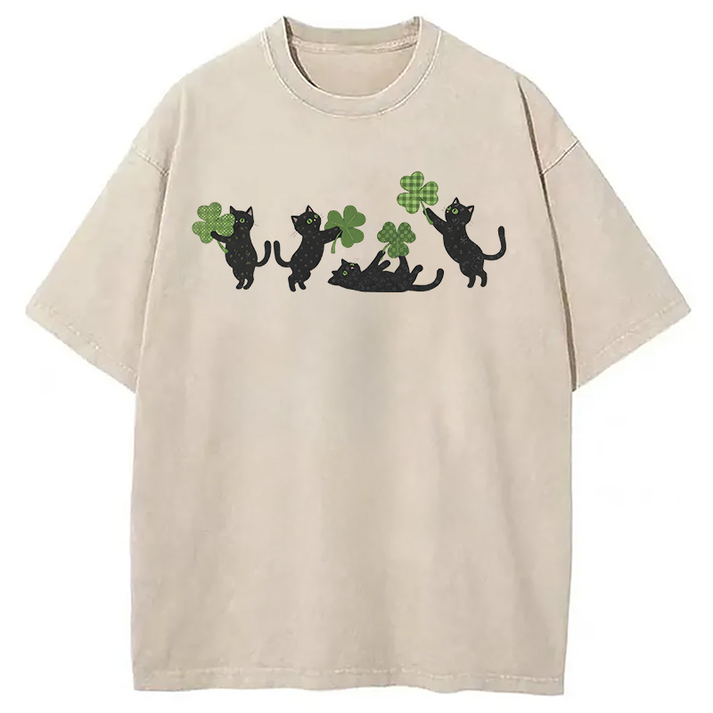 St Patricks Day Cat Washed T-Shirt-ShawnCraft