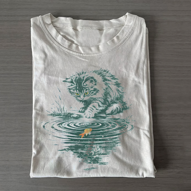 Kitten and Goldfish Pond Watercolor T-shirt