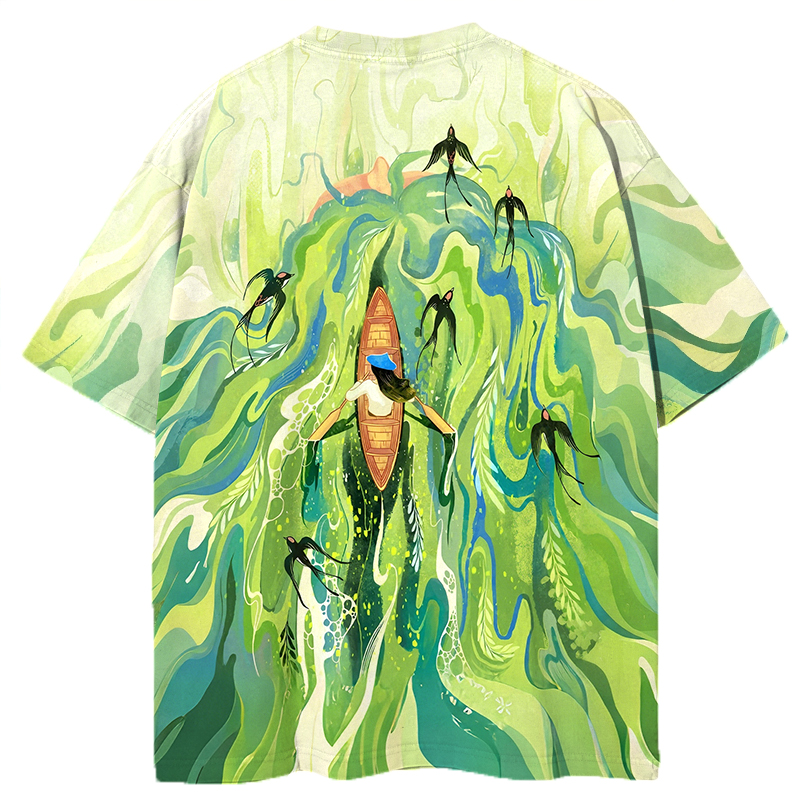 Swallows In Spring Water Graphic Print T-shirt-ShawnCraft