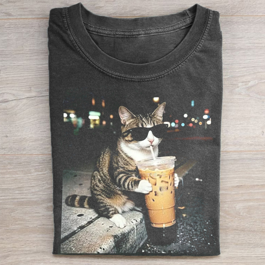 Funny Cat Drinking Iced Coffee T-shirt-ShawnCraft