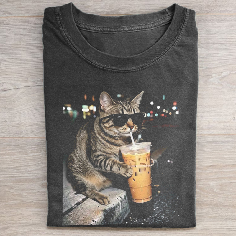 Funny Cat Drinking Iced Coffee T-shirt-ShawnCraft